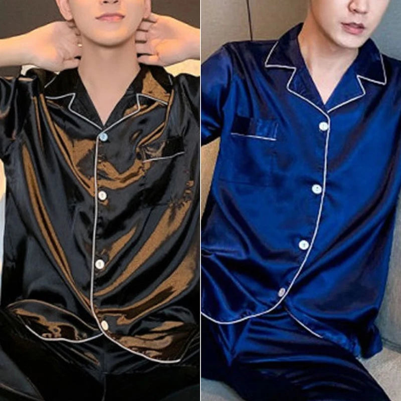 Summer Lapel Long-Sleeved Cardigan Pajamas Men Korean Version of the Solid Colour Light Mature Youth Casual Men's Silk Home Clot