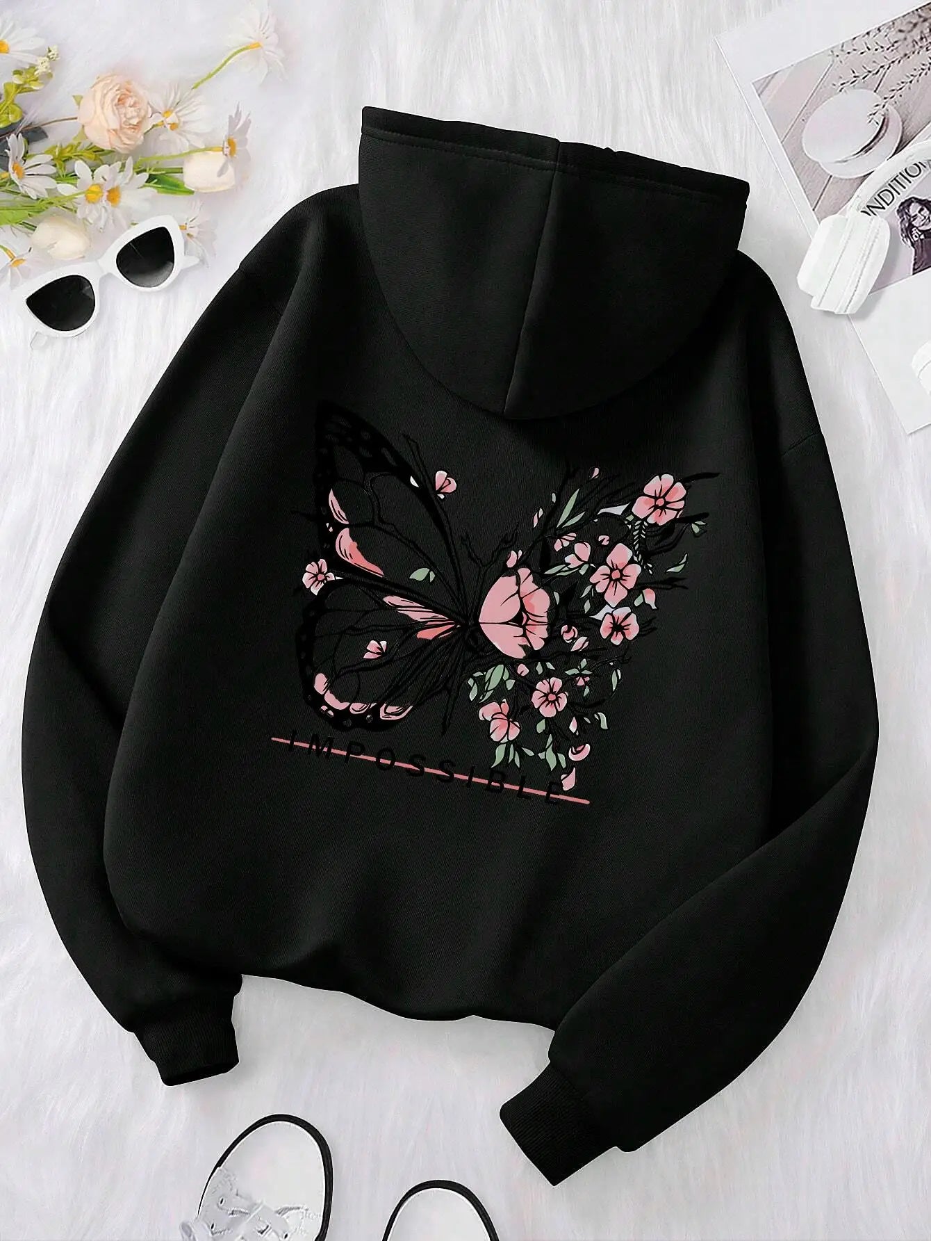 Rose Butterfly Impossible Letter Graphic Print Women Sweatshirt Fashion Warm Hooded Loose Casual Hoodies Fleece Soft Clothing