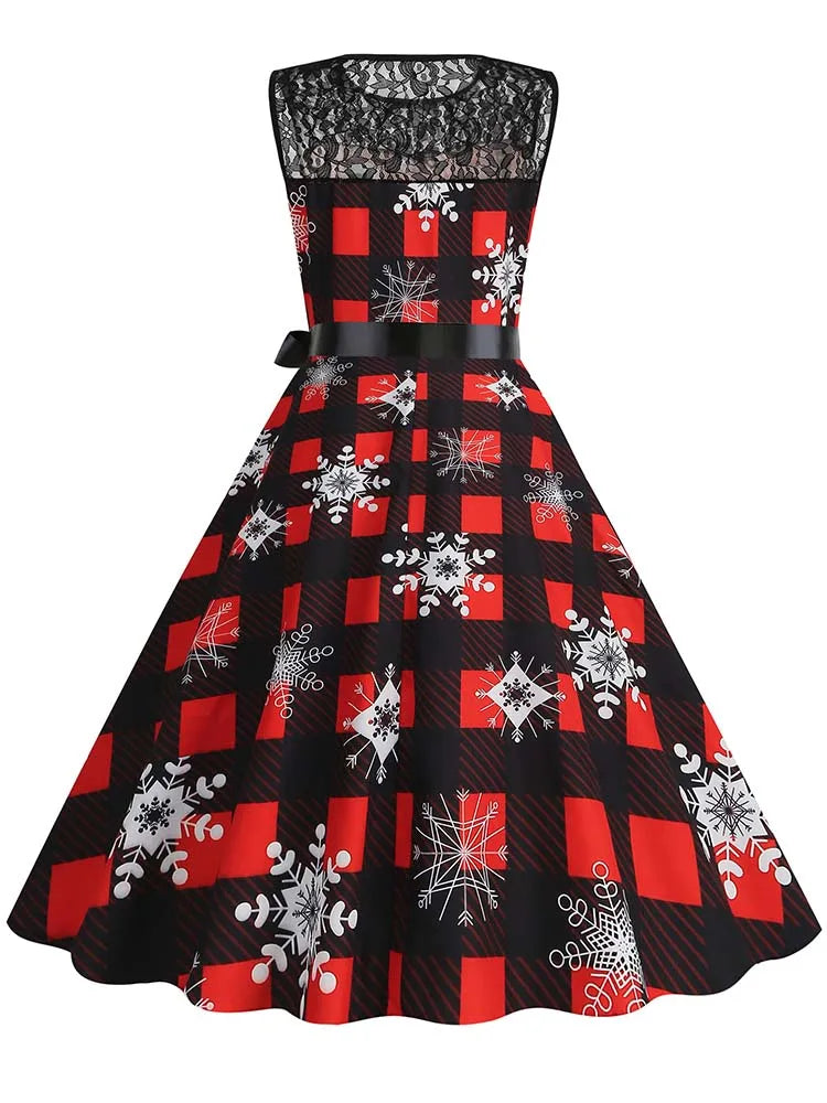 Christmas Dress Women Vintage 50s Lace Sleeveless Print Party A Line Santa Claus Sundress Runway Midi Pinup Flare Dresses