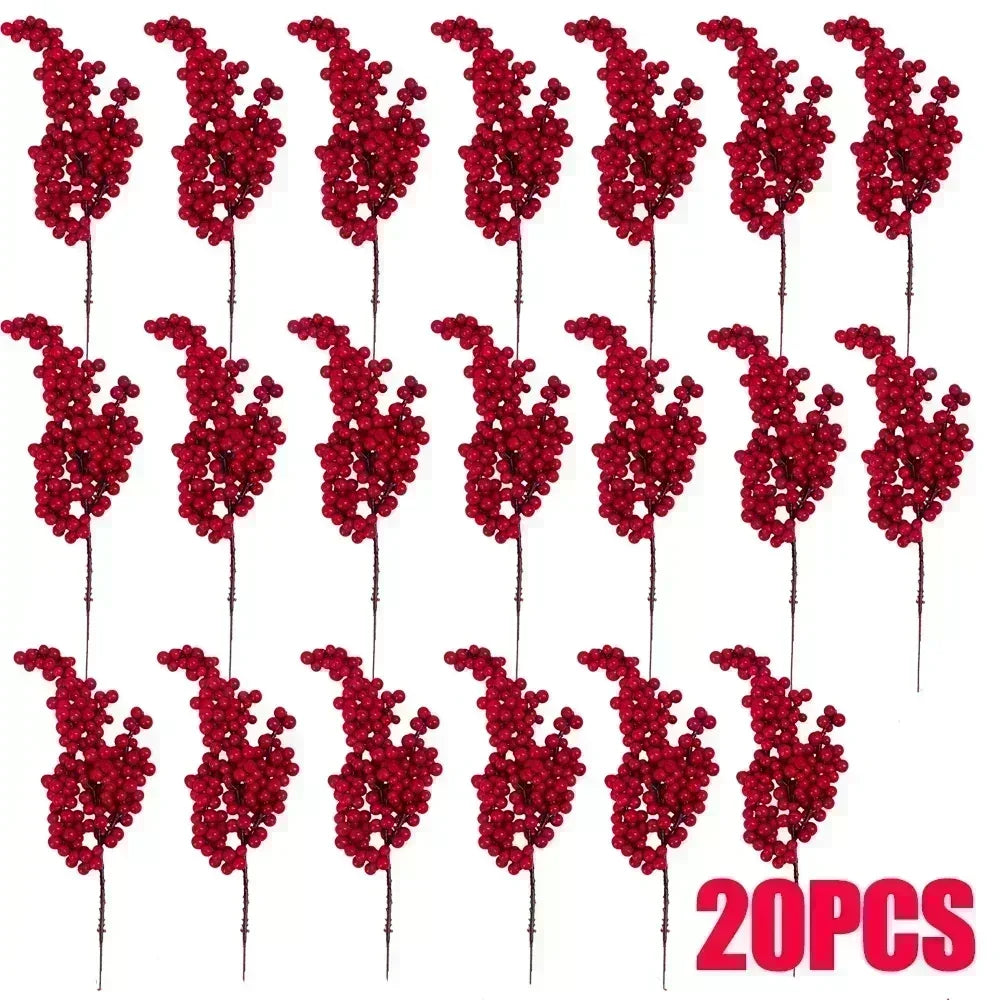 1/20PCS Artificial Berries Christmas Decoration Red Berry Branches for Xmas Tree Party Home Table Ornaments Fruit Wreath Decor