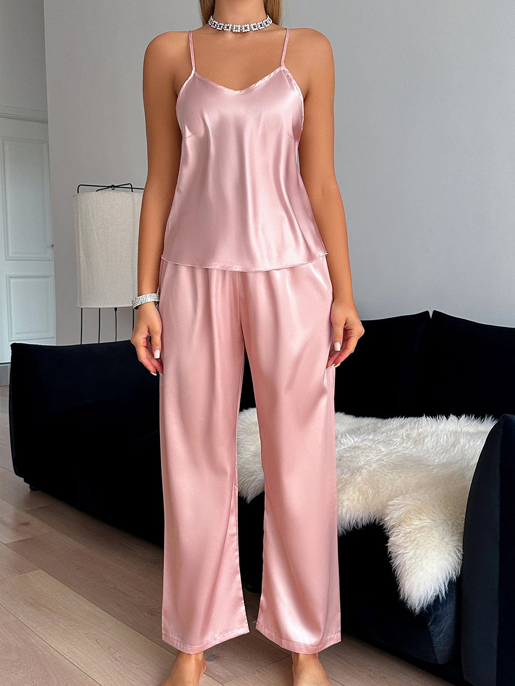 V-neck solid color suspender pants sexy fashion ladies pajamas 2 sets