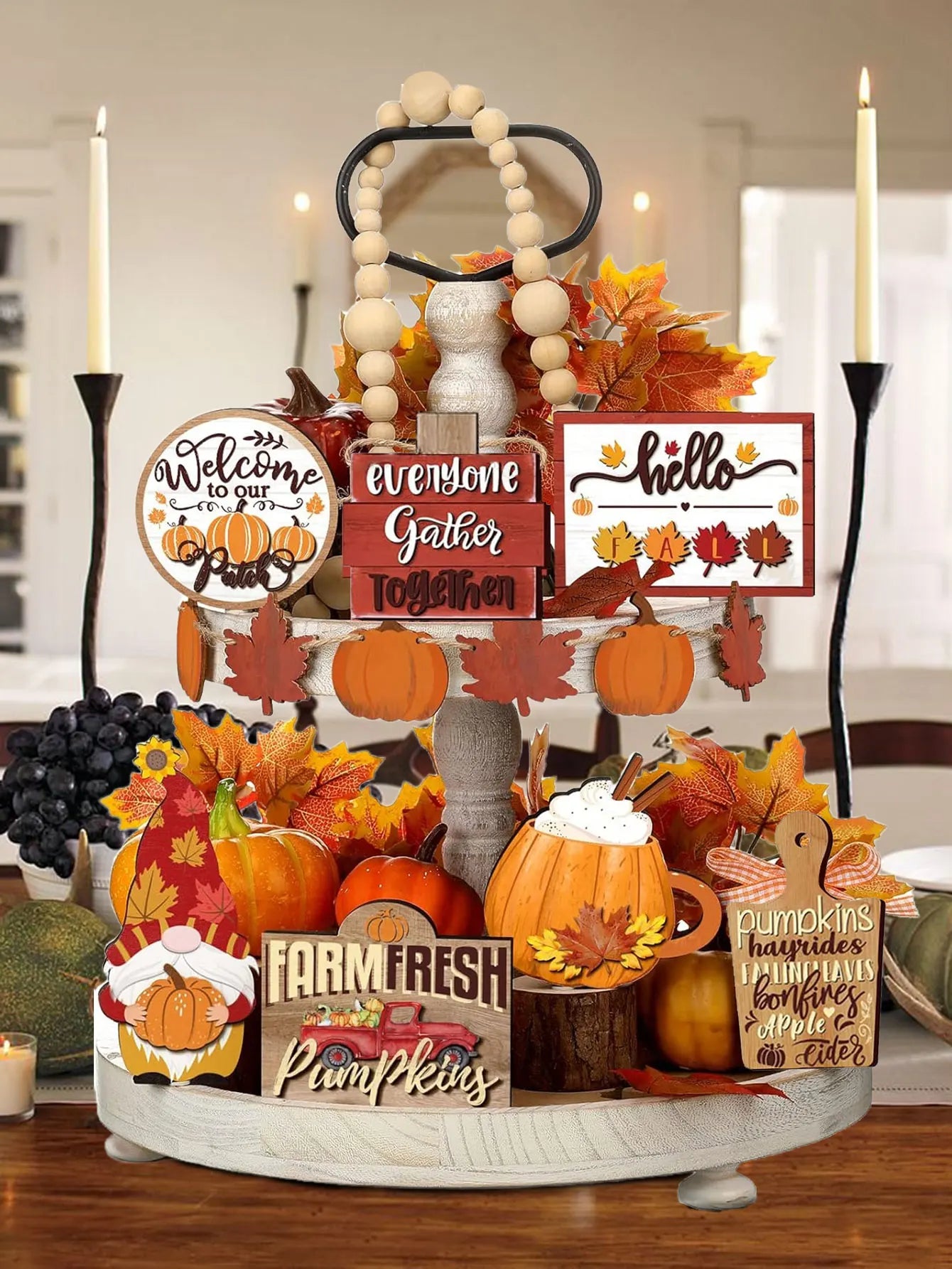 Fall Harvest Wooden Tiered Tray Decor Set -  Farmhouse Autumn Centerpieces with Pumpkin Spice and Maple Leaf Accents