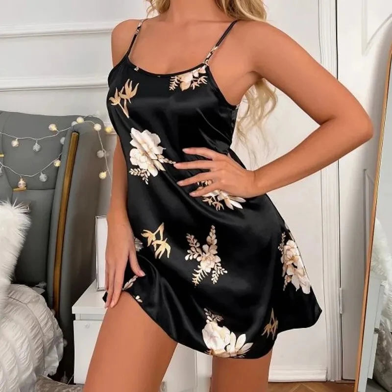 Women Nightwear Home Clothes Sexy Black Floral Printing Nightdress Sleepwear Nightshirts Silk Sleepshirts Nightgowns For Woman