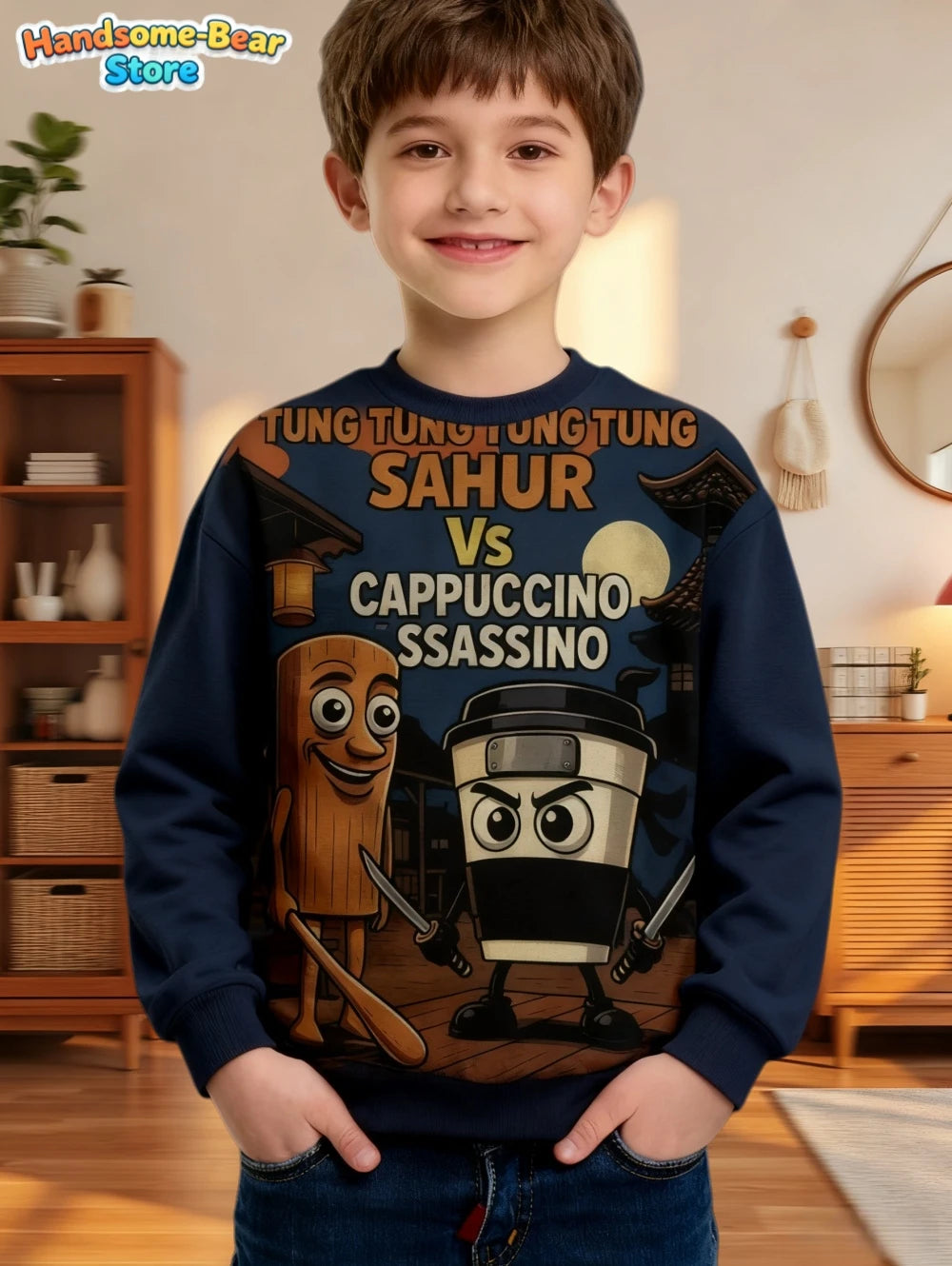 Italian Brainrot Boys Sweatshirt Autumn Long Sleeve Round Neck Hoodie Tungtung Sahur Brainrot Cartoon Children Tops Boys Clothes