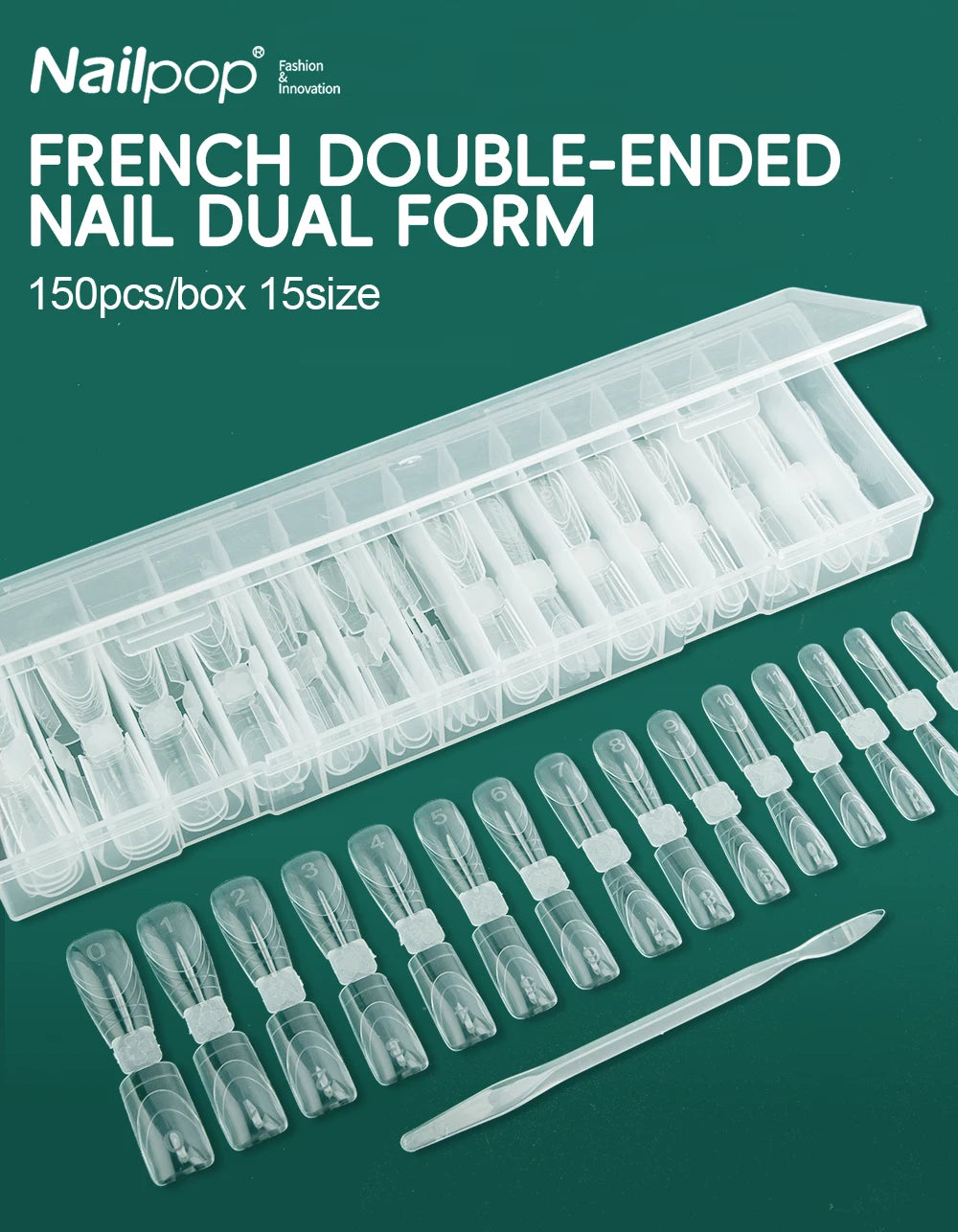 Nailpop 150pcs Dual Nail Forms Square Coffin Reusable Extension Molds Gel Builder Tips 15 Sizes Double Ended Pro Salon Nail Art