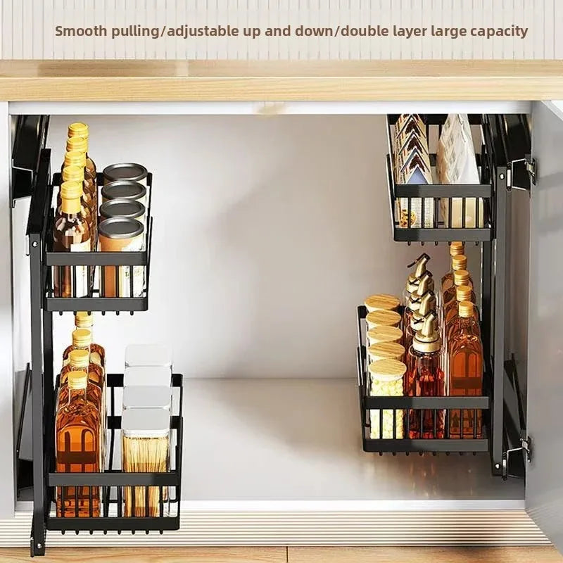 Large-Capacity Pull-Out Storage Cabinet for Home Kitchens Adjustable Under-Sink Storage Shelf with Sliding Mechanism