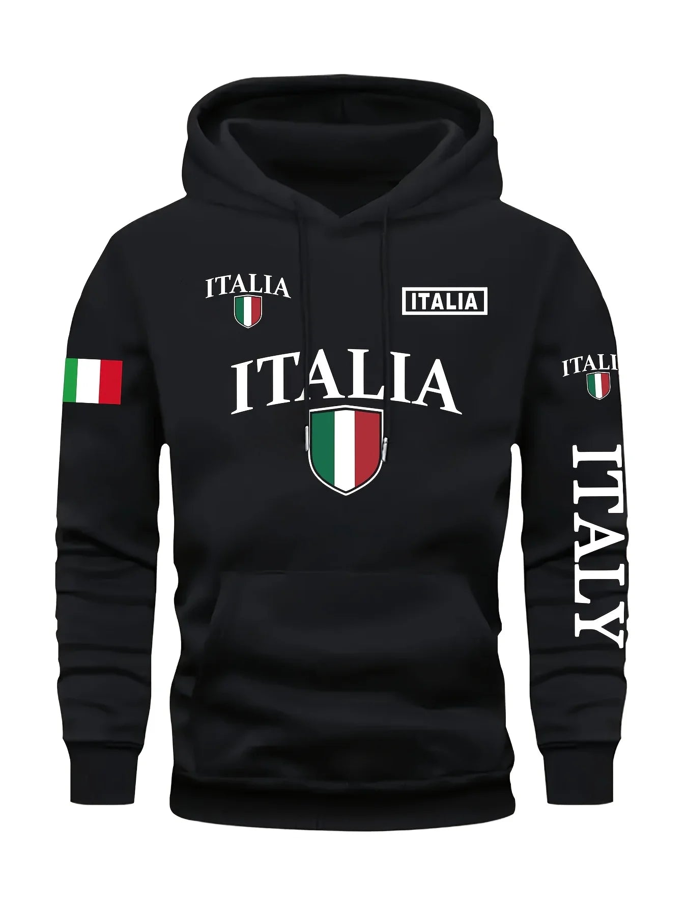 Men's Italy Flag Shield Bold ITALY Letter Print Hoodie Grey Casual Pullover Front Pocket Ribbed Cuffs Comfort Fit Urban Fashion
