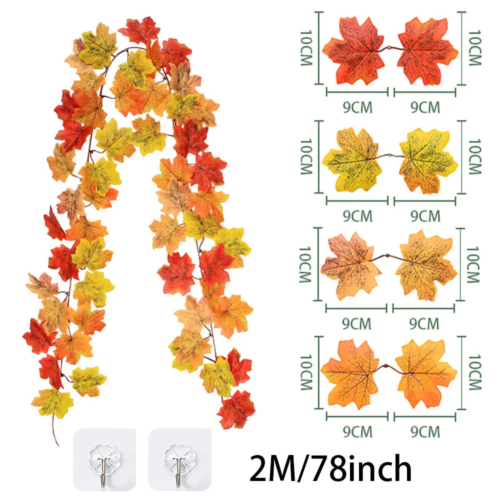 2M Artificial Maple Leaf Garland Autumn Leaves Fake Plant Vine for Fall Festival Wedding Halloween Thanksgiving Room Table Decor