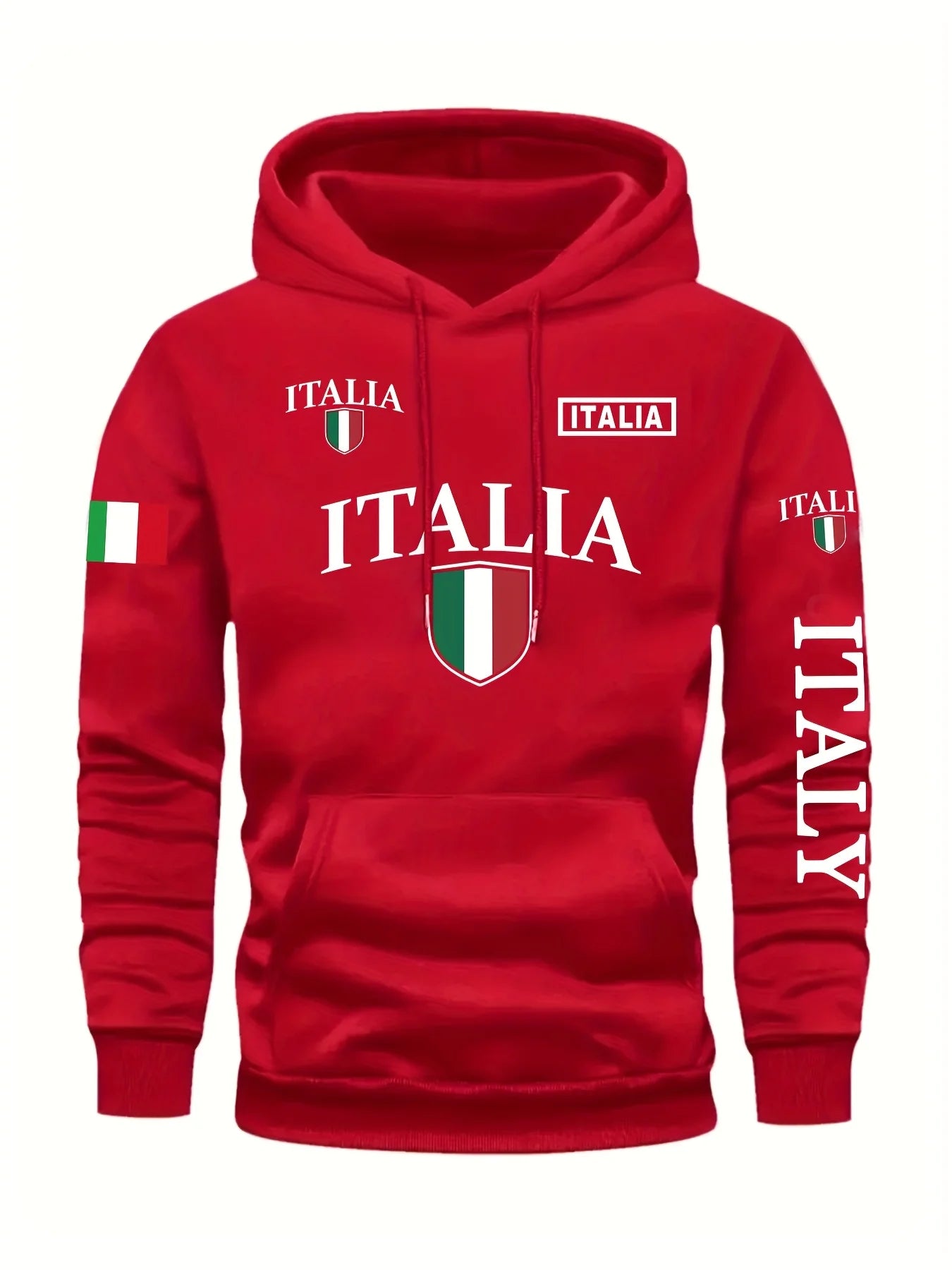Men's Italy Flag Shield Bold ITALY Letter Print Hoodie Grey Casual Pullover Front Pocket Ribbed Cuffs Comfort Fit Urban Fashion