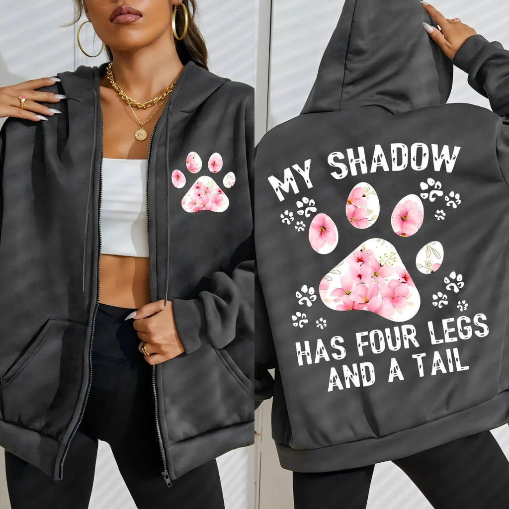 Flower Cat Feet My Shadow Has Four Legs And A Tail Print Zipper Hoody Woman Y2K Autumn Hoodies Loose Fleece Casual Sportswears