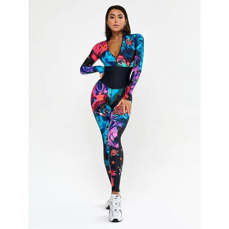 Woman Clothes Colorful Long Jumpsuits 2026 New Skinny Wrap Zipper Collar Long Sleeve Slim Fit Fitness Workout Sportwear 154652
