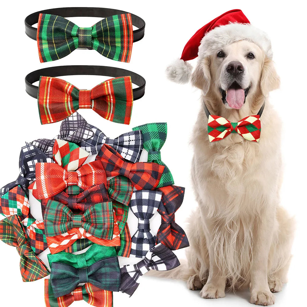 5PCS Christmas Classical Plaid Dog Bow Ties With Elastic Bands Movable Pet Dog Collars Dog Supplies Pet Grooming Accessories