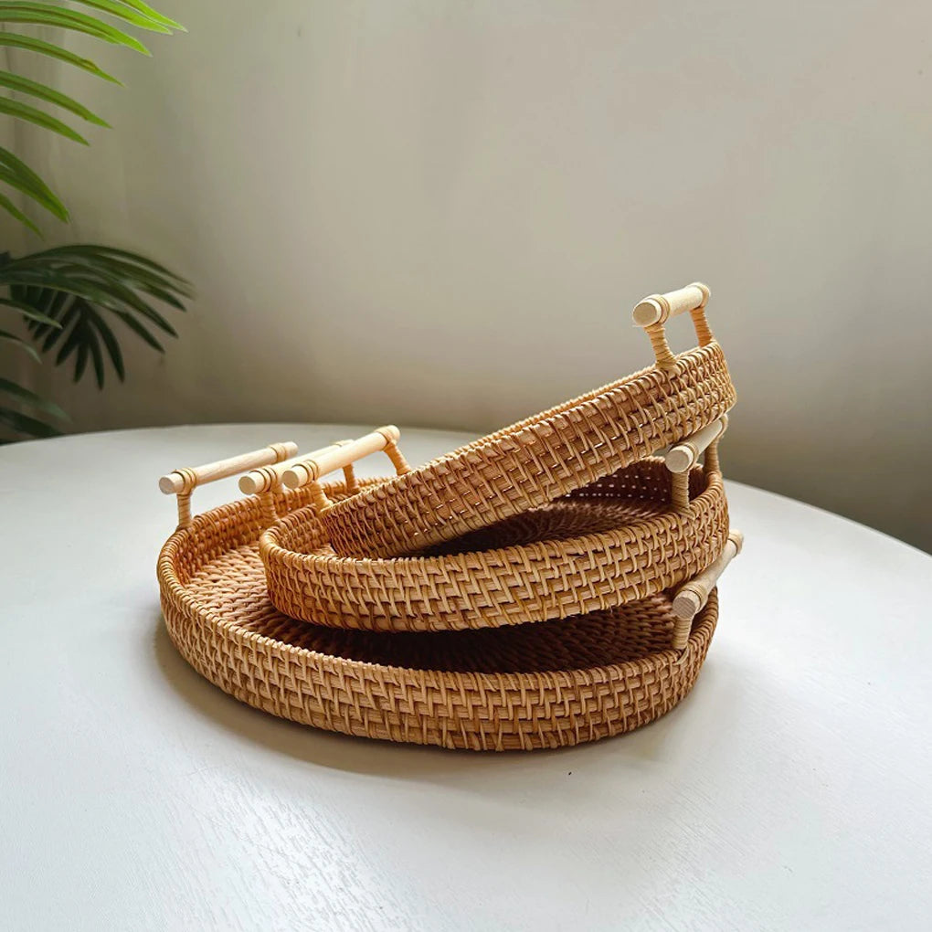 1PC Woven Rattan Storage Basket with Strap Handle round Tray for Bread Snacks Fruits Picnic - Home Organization Basket