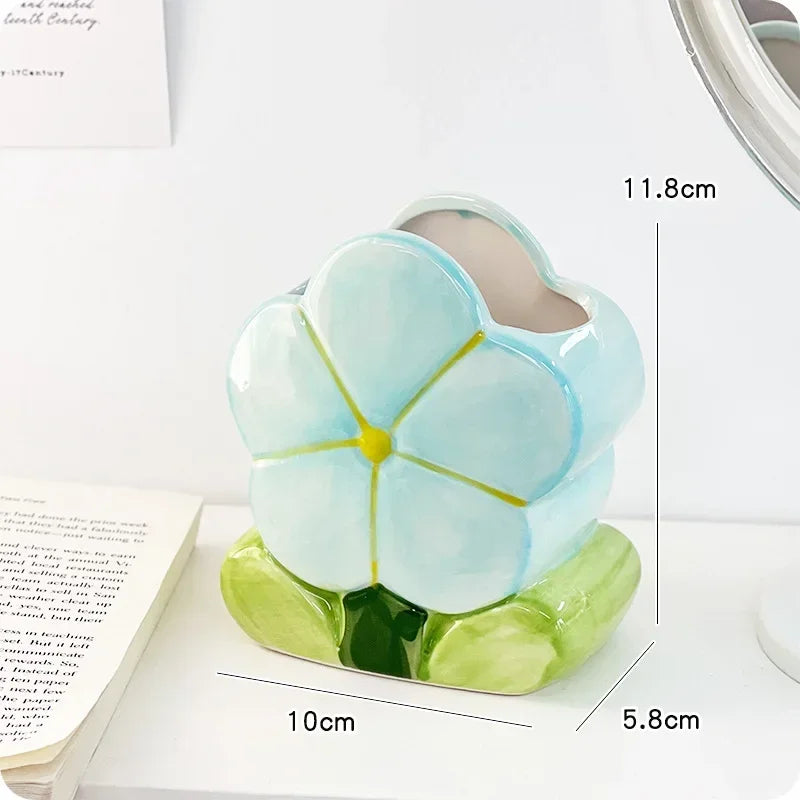 Flower Pen Holder Ceramic Desktop Decoration Desk Office Storage Box Stationery Shelf Storage Tank Living Room Decoration