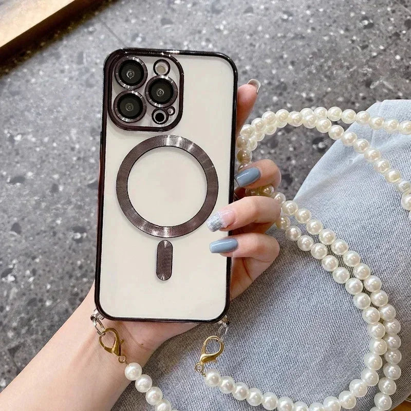 【Pearl Plating】Adjustable Crossbody Lanyard Case for iPhone 16/15 Pro Max/14/13/12/11 ProMax PlusShockproof Magnetic Phone Cover