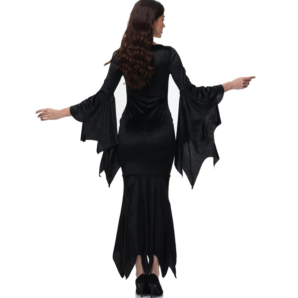 [You're My Secret] Halloween Morticia Adams Primate Black Adams Family Dress Retro Gothic Flared Sleeve Fishtail Dress Vestido