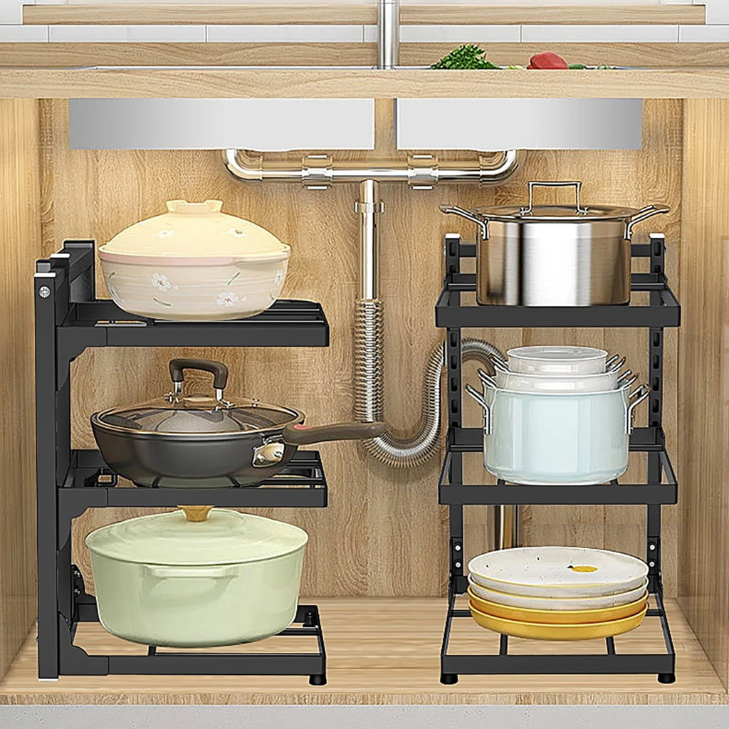 Kitchen Shelf Space-saving Kitchenware Storage Rack Adjustable Pot Rack 2-4 Tiers Under Sink/Corner Applicable