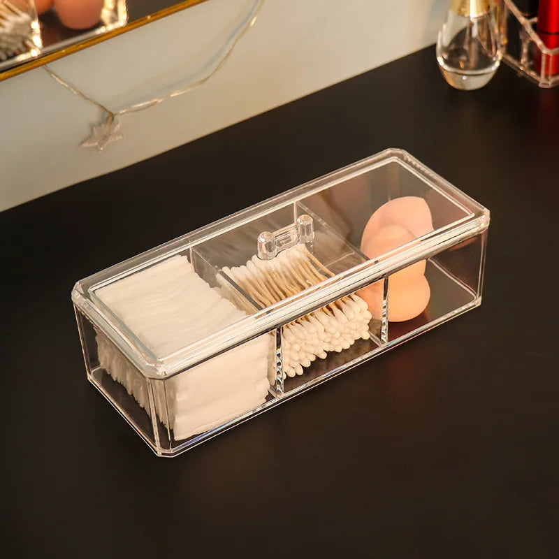 1pc Transparent Cosmetic Storage Box Acrylic Make Up Organizer Three Grid Cotton Swab Cotton Pad Storage Box Home Organization