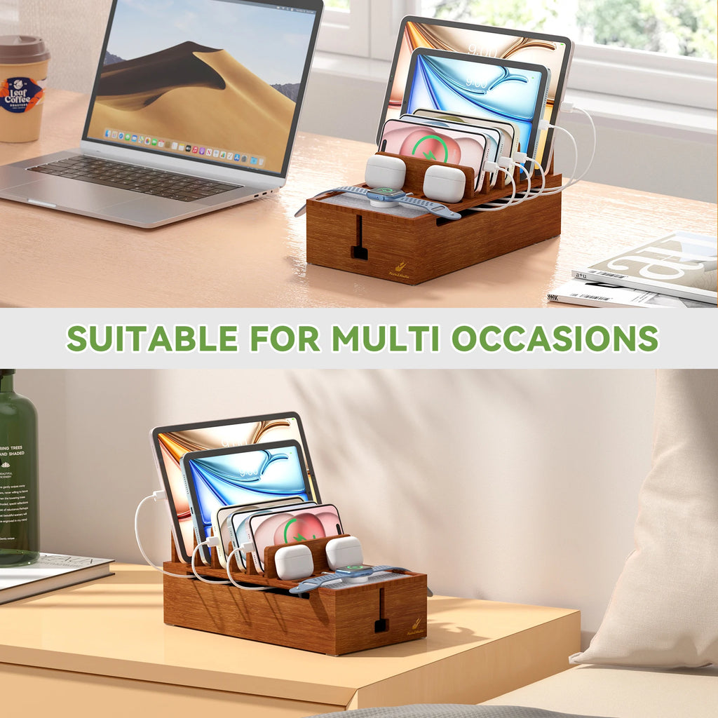 Bamboo Charging Station for Multiple Devices Charger Dock Holder Stand for Cell Phone and Tablet Electronic Devices Organizer