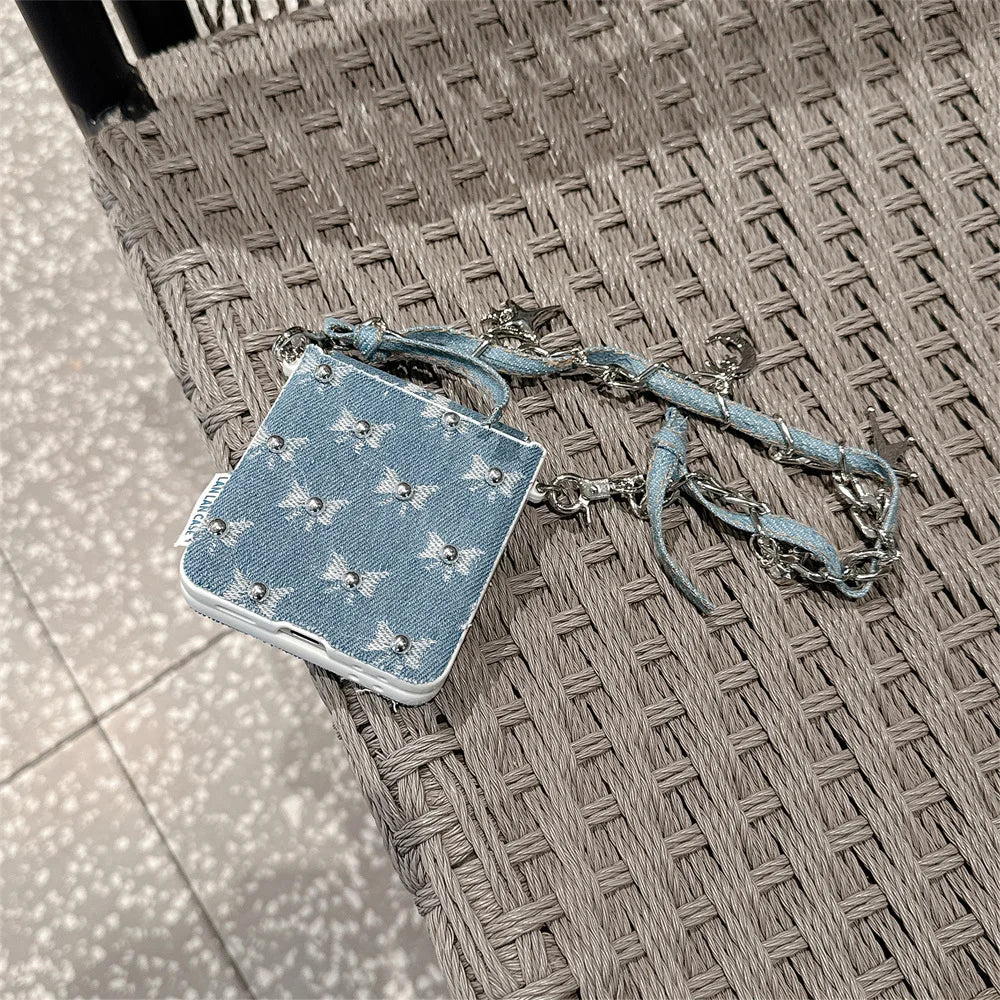 Fashion Denim embroidered bow phone case for Samsung Z Flip 7 Case Galaxy Z Flip 5 6 flip 6 cover hand strap cute Fundas Cases