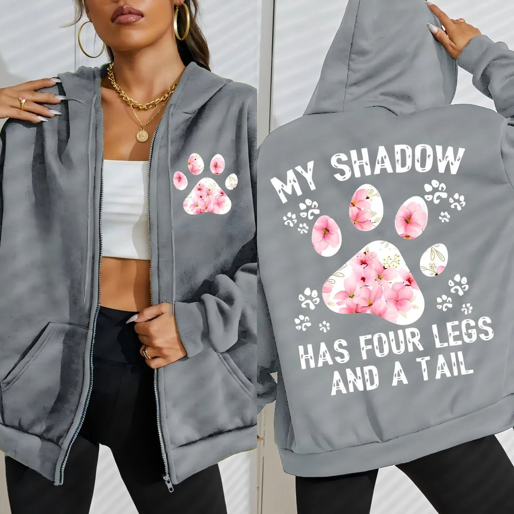 Flower Cat Feet My Shadow Has Four Legs And A Tail Print Zipper Hoody Woman Y2K Autumn Hoodies Loose Fleece Casual Sportswears