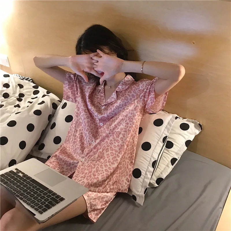 Women's Sleepwear Loungewear Set Short-Sleeved Shorts Pajamas Homewear Cardigan Lapel Leopard Print Sweet Cartoon Nightwear