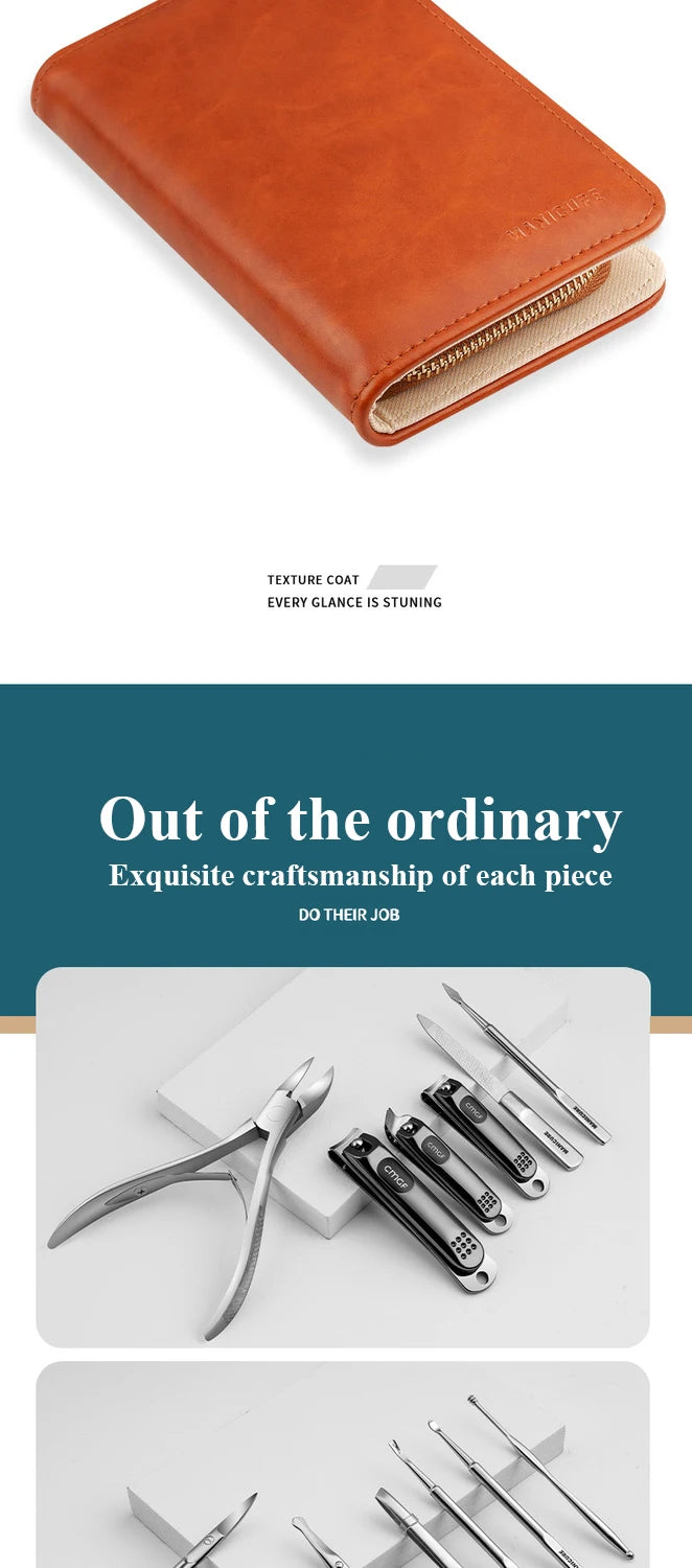 Manicure Set With Morandi Grey Top-Grade Full Grain Cow Leather Packaging Nail Clipper Kits Perfect Gift Friends Family