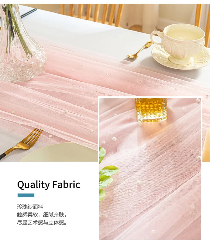 Pink Gauze Table Runner Romantic Pearl Mesh Tablecloth Wedding Dinning Table Cover Decoration Birthday Baby Shower Party Decor