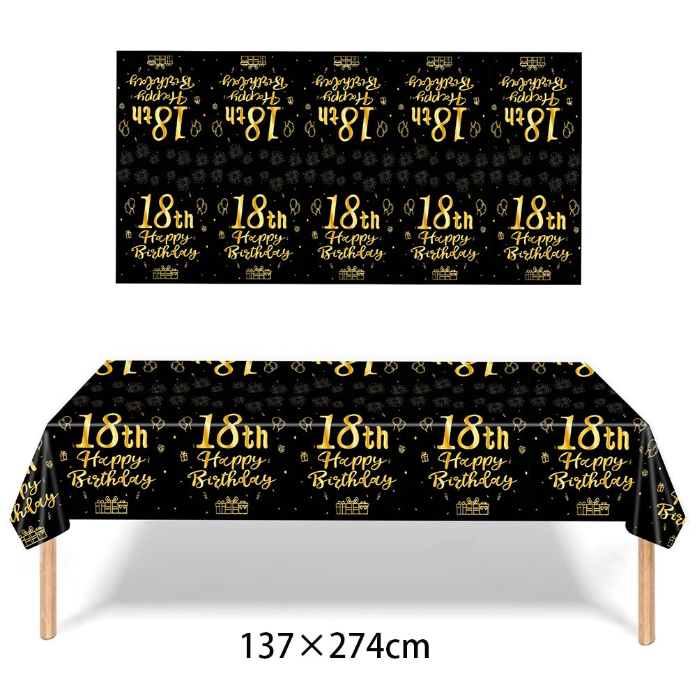 18th Birthday Decors for Boys Girls Black Gold Party Banner Balloon Tablecloth Plate Cup Napkin 18 Years Birthday Party Supplies