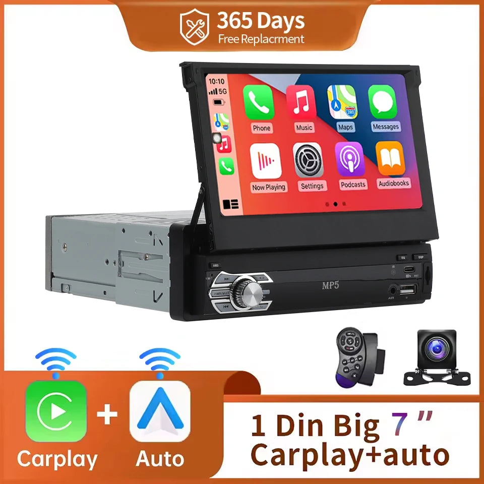 Universal 1 Din MP5 Player 7 Inch Carplay Android Auto Manual Automatic Retractable Touch Screen Car Player FM Radio Mirror Link