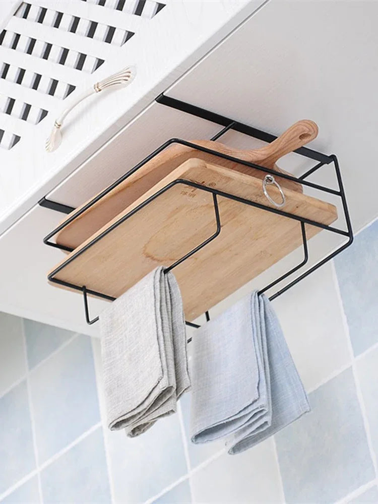Cutting Board Kitchen Shelf, Double-Layer Perforation-Free Cabinet Hanger, Rag, Cutting Board Storage And Finishing Iron Hanger