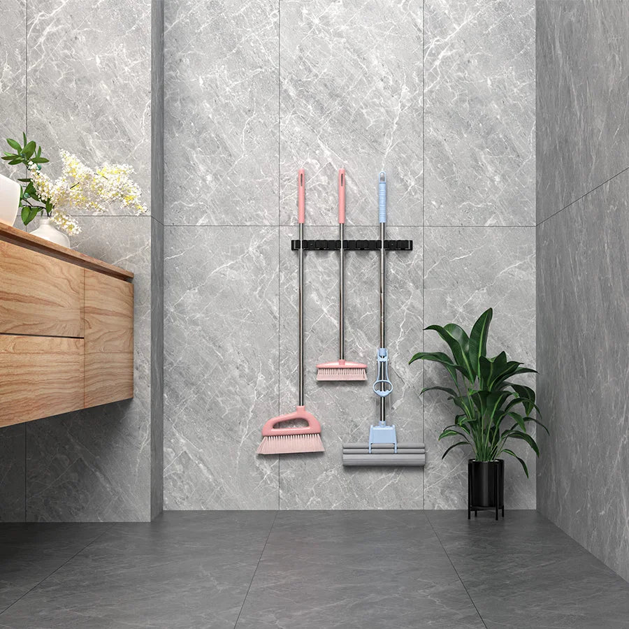 Mop Broom Holder 6 Position Multi-Functional Broom Hanger Shelf Bathroom Organization Accessories Home Kitchen Storage