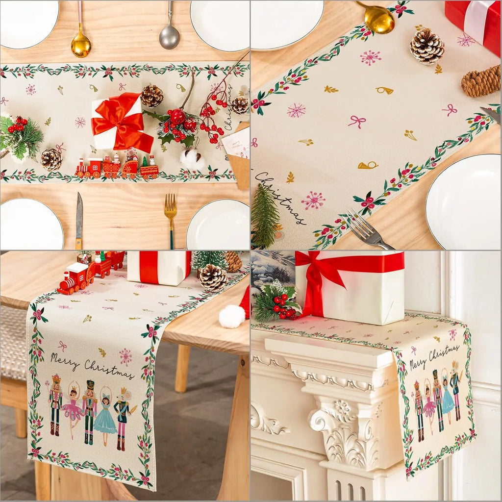 Merry Christmas Nutcrackers Linen Table Runner Holiday Party Decor Winter Xmas Kitchen Dining Table Runner Christmas Decorations