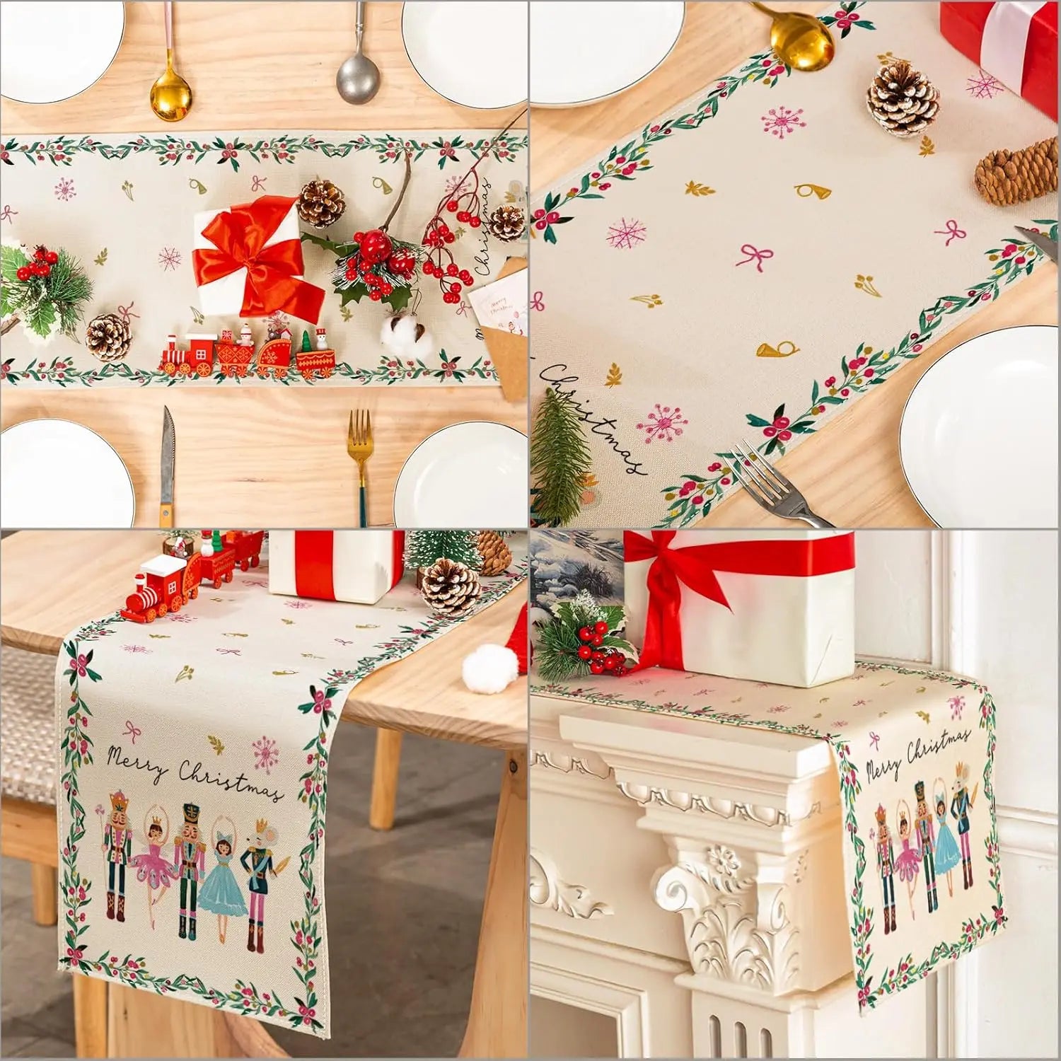 Merry Christmas Nutcrackers Linen Table Runner Holiday Party Decor Winter Xmas Kitchen Dining Table Runner Christmas Decorations