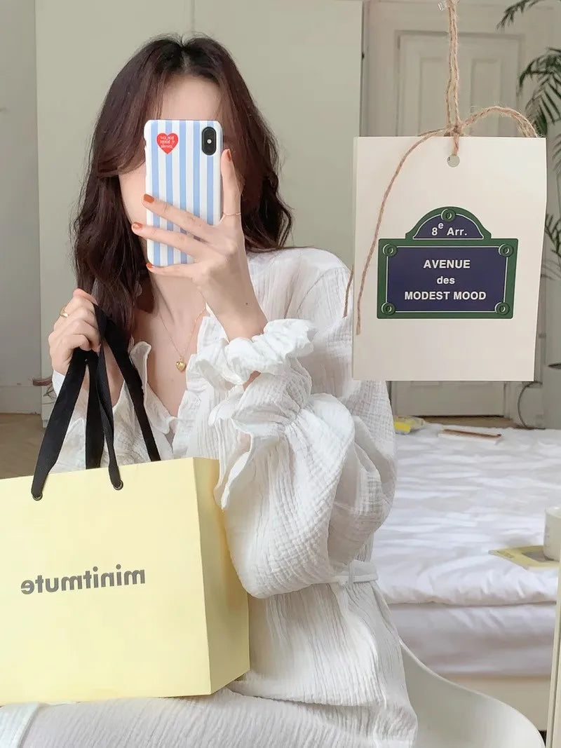 Women's Spring and Summer New Simple Long-Sleeved Robe Girls Sweet Ins Wind Ruffled Thin Section of Solid Color Pajamas Home Wea