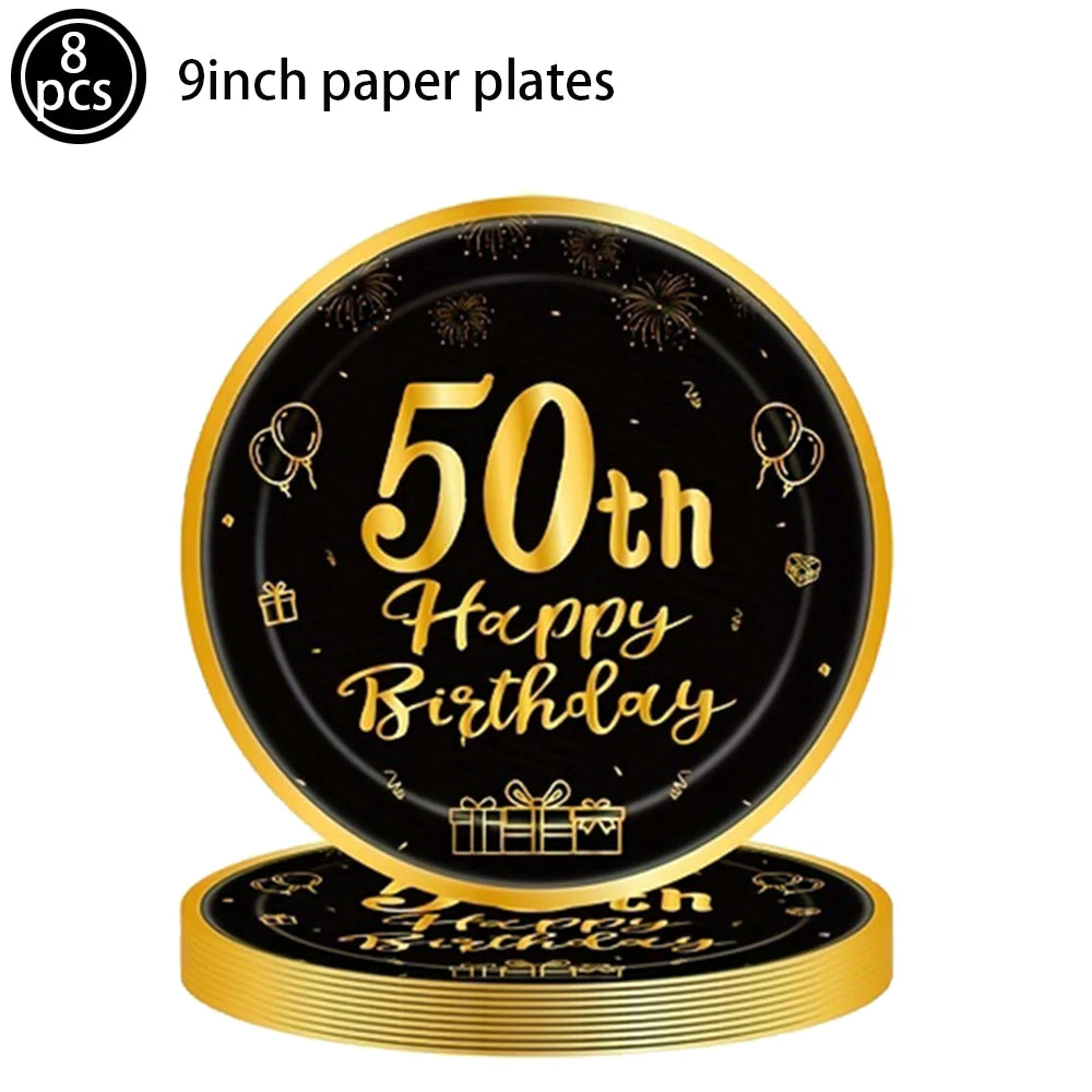 50th Birthday Party Supplies for Men Women Black and Gold 50 Years Old Party Paper Plates Cups Napkin Tablecloth Tableware Decor