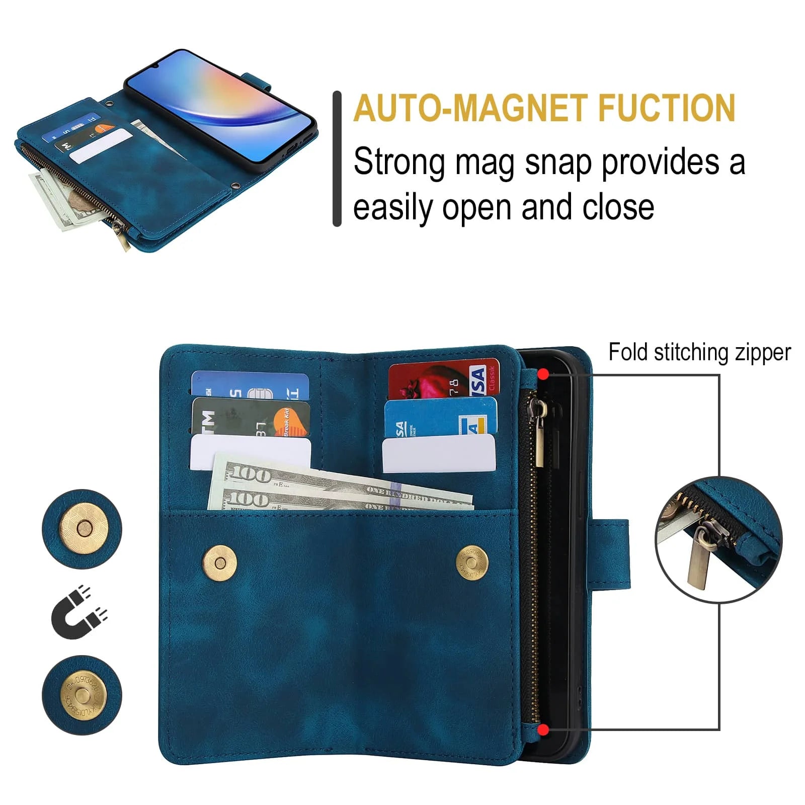for Samsung Galaxy A35/A34/A25/A24/A73/A72/A55/A54/A53/A52/A15/A14 Case Wallet, Durable Leather Magnetic Buckle Flip Card Holder