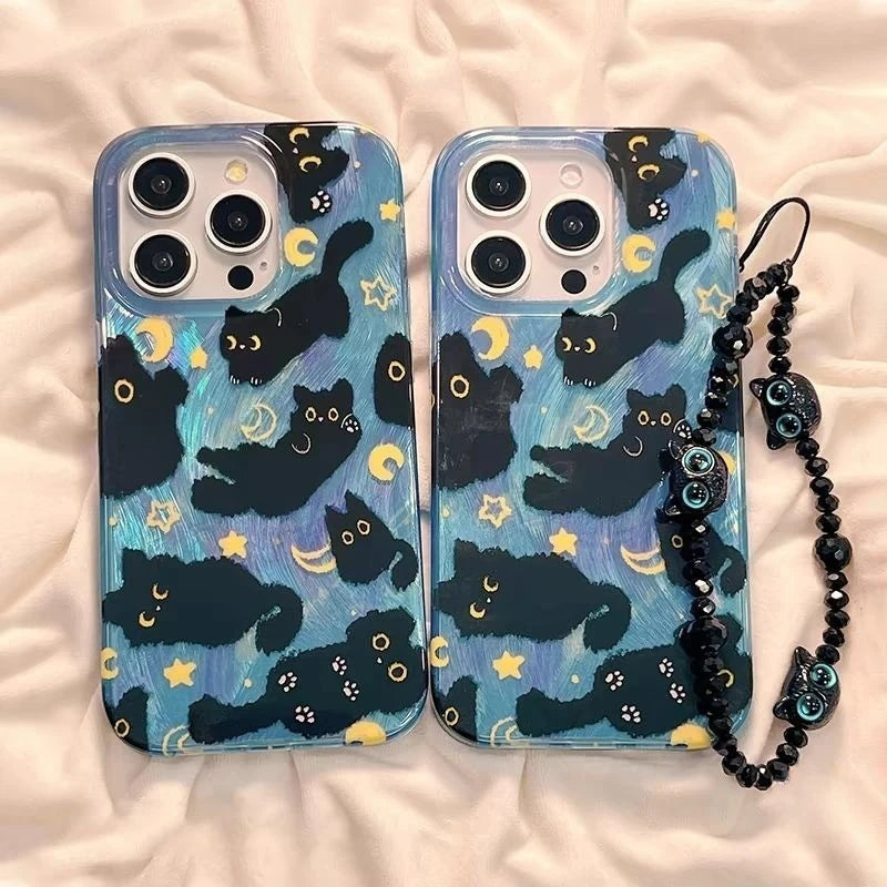 Cute Stars Moon Cat Case Compatible for IPhone 15 11 16 13 14 12 Pro Max 15 8 14 16 Plus XR X XS MAX SE 2020 Feather Yarn Cover