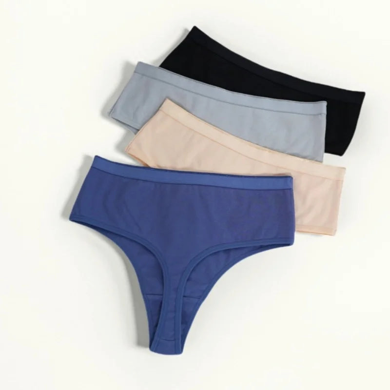 4Pcs/Set Women Cotton Panties Sexy High-Waist Sport Thongs 6 Soild Colours Breathable G-strings Summer Sexy Lingerie