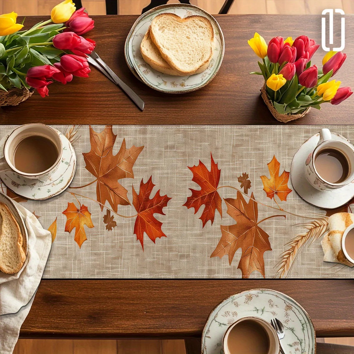 1 Piece of Autumn Pastoral Table Runner, Painted Maple Leaves, Wheat Ears, Stems, Suitable for Restaurants, Home Furnishings, Harvest Parties, Pastoral Style Decoration, Market Display.