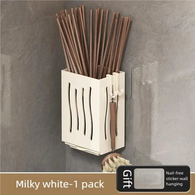 Kitchen Wall Mounted Shelf Multifunctional Chopstick and Spoon Cylinder No Hole Installation Drainage Basket Tableware Storage