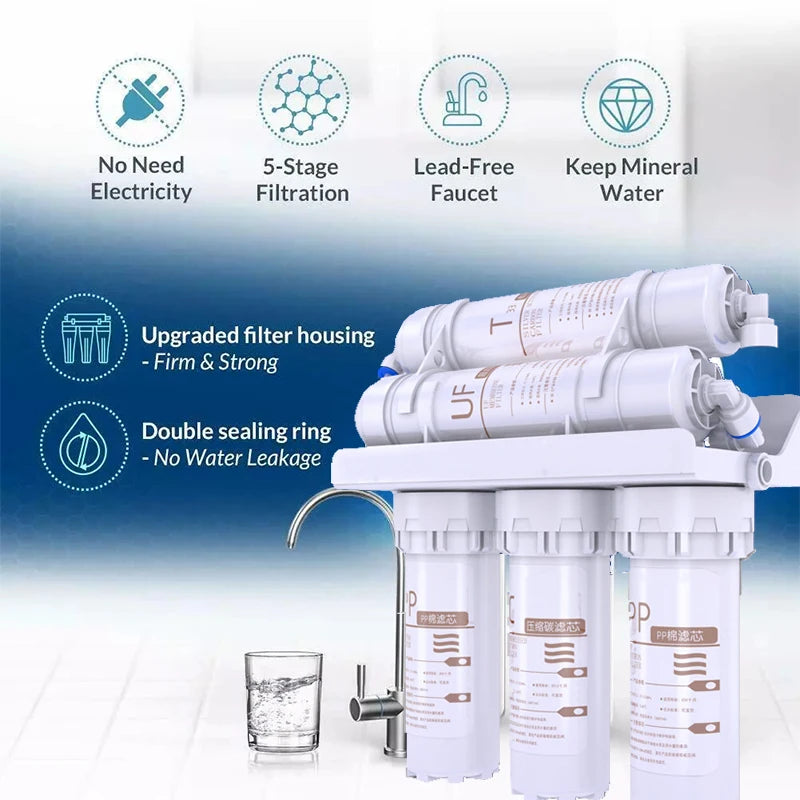3+2 Water Filter System 5 Stages Drinking Water Filter Purifier for Household Kitchen with Filter Cartridge Kit Tap Filtration