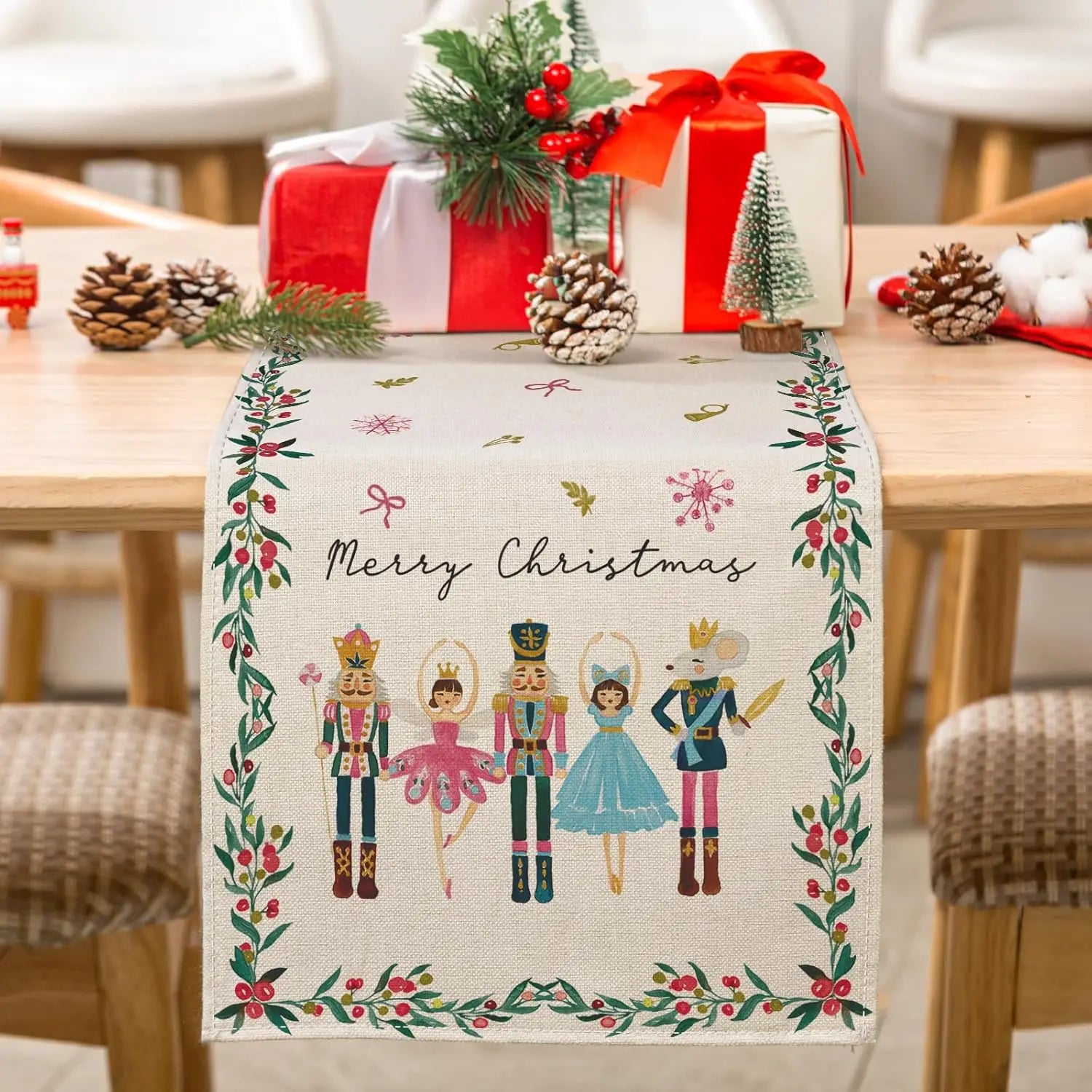 Merry Christmas Nutcrackers Linen Table Runner Holiday Party Decor Winter Xmas Kitchen Dining Table Runner Christmas Decorations