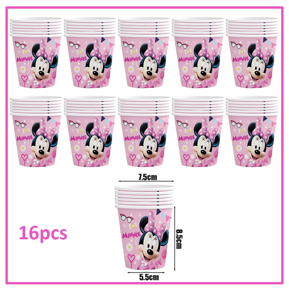 Disney Minnie Mouse Birthday Party Decoration Pink Minnie Paper Cups Plates Napkin Tablecloth Tableware Balloosn Baby Shower Kid