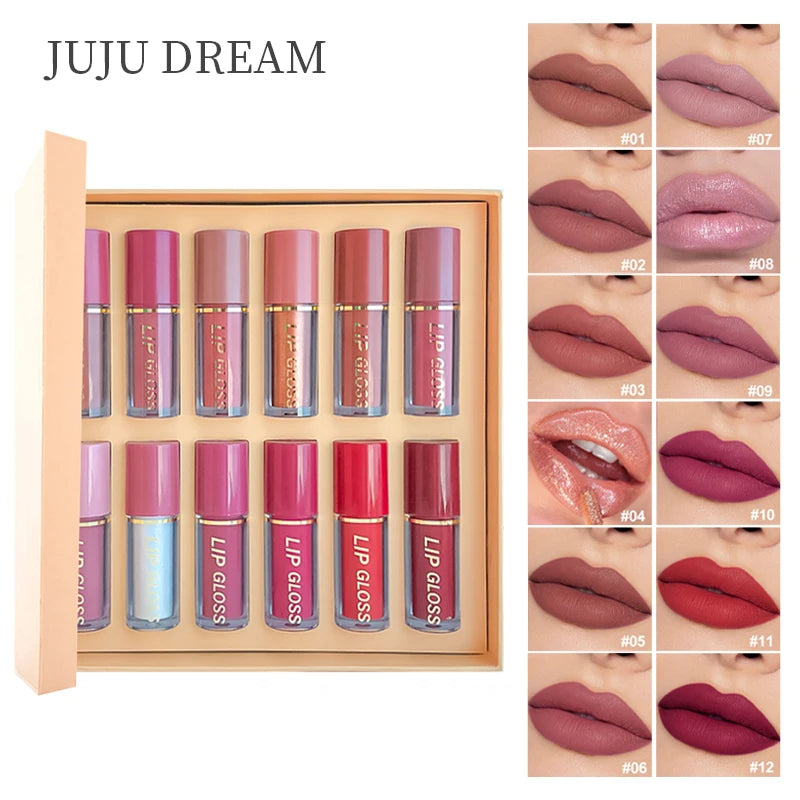 12pcs Matte Lip Glaze Set, Waterproof Long-Lasting Non-Stick Cup,Multi-Color System in Pink, Brown, Red, Purple