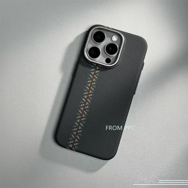 For iPhone 16 15 14 Pro Max Case Carbon Fiber Abstract Geometric MagSafe Cover Magnetic Charging Shell Camera Alloy Armor Fundas