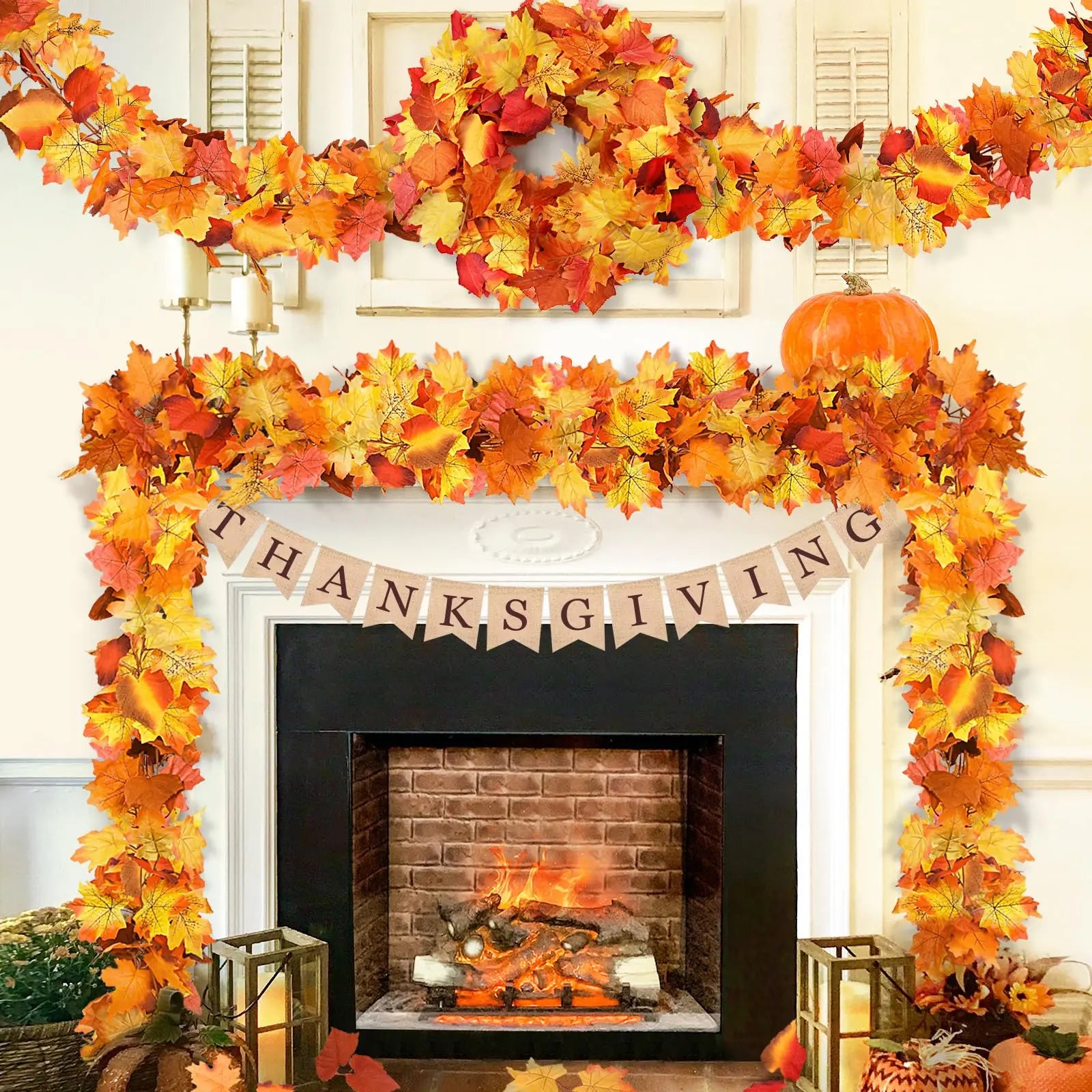 2M Artificial Maple Leaf Garland Autumn Leaves Fake Plant Vine for Fall Festival Wedding Halloween Thanksgiving Room Table Decor