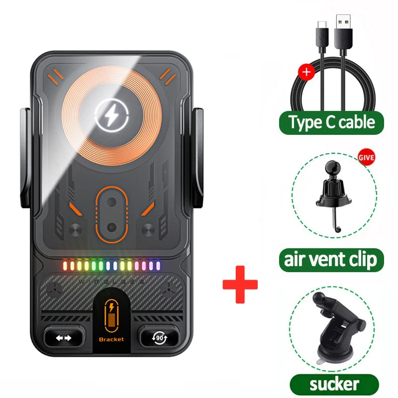 Auto-Clamping RGB Light Car Wireless Charger Phone Holder Stand Touching 360 Rotation Fast Charging Bracket For iPhone Samsung