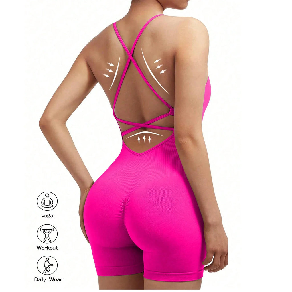 Yoga Sxy Criss Cross Backless Cami Sports Romper,Women's Jumpsuits Ribbed One Piece Workout Sleeveless Rompers Tank Top Shorts