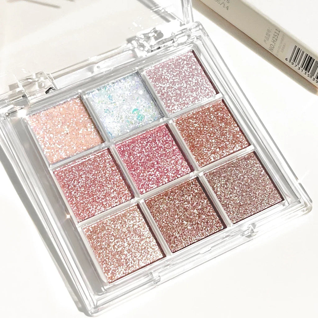 Nine-Color Eyeshadow Palette with Pearl, Fine Sparkle, Layerable Shimmer, Bright Glitter, and Vibrant Colors New